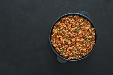 Lentil stew. Vegan lentil Bolognese. Diet food.