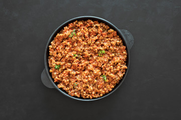 Lentil stew. Vegan lentil Bolognese. Diet food.