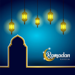 Ramadan kareem background, illustration with arabic lanterns, mosque dome and golden ornate crescent, on blue background. EPS 10 contains transparency. Free Business Card Template - vector