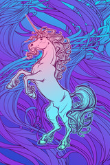 Rearing up Unicorn. Fantasy concept art for tattoo, logo. Colour drawing isolated on bright watercolor textured background. EPS10 vector illustration.