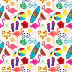 Seamless Vector Pattern with Flamingos and Other Summer Themed Elements - 254479694