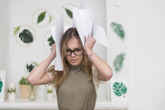 Cute Portrait Of Young Designer And Florist, Student. Employee In The Green Office. Stressed Out At Work