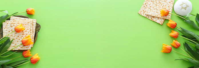 Pesah celebration concept (jewish Passover holiday). Top view, flat lay