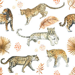 Obraz premium Leopard,jaguar cat animal seamless pattern with tropical golden leaves