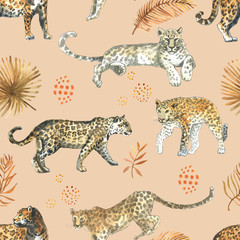Leopard,jaguar cat animal seamless pattern with tropical golden leaves