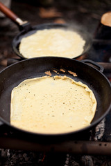 Fritters Food Cooking Two Frying Pans Fire Barbecue Nobody  Top Down View Close-up Tradition Oily Round Russian Rural Stack