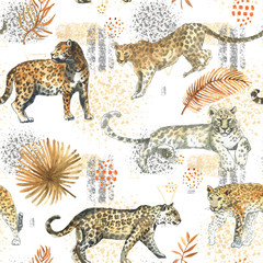 Leopard,jaguar cat animal seamless pattern with tropical golden leaves