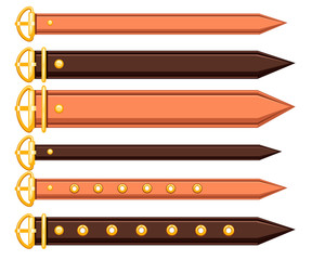 Set of belt leather and metal elements. Chain and braided design. Flat vector illustration on white background. Strap for belt or hand watches