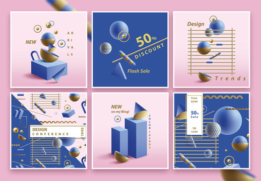 Square Social Media Templates with 3D Geometric Compositions
