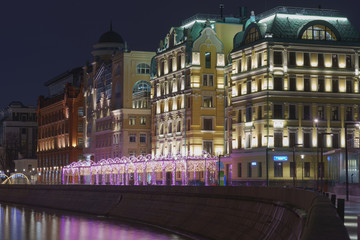  streets in spring night. Brightly illuminated Moscow. Long exposure image. 