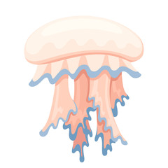 Sea blue and beige jellyfish. Tropical underwater animal. Medusa aquatic organism, cartoon style design. Flat vector illustration isolated on white background