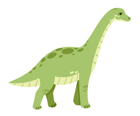 Green brachiosaurus. Cute dinosaur, cartoon design. Flat vector illustration isolated on white background. Animal of jurassic world. Giant herbivore dinosaur