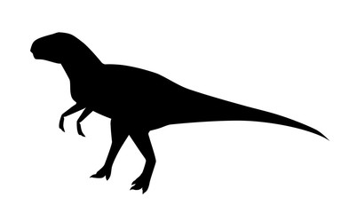 Black silhouette. Green tyrannosaurus. Cute dinosaur, cartoon design. Flat vector illustration isolated on white background. Animal of jurassic world. Giant carnivore dinosaur