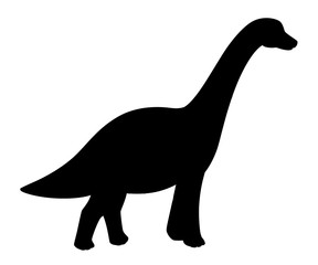 Black silhouette. Green brachiosaurus. Cute dinosaur, cartoon design. Flat vector illustration isolated on white background. Animal of jurassic world. Giant herbivore dinosaur