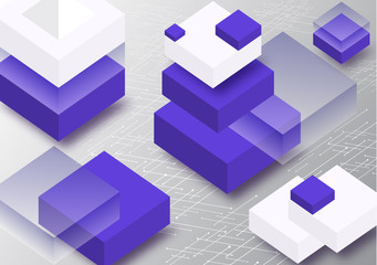 Blockchain concept banner. Isometric blocks, cubes connect with each other and form cryptochains.
