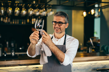 he wants everything to be perfect.Middle aged barman polishing the wine glass in cafe bar