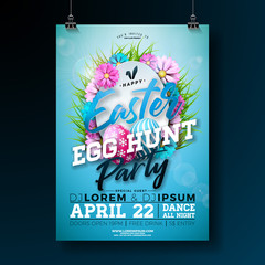 Vector Easter Party Flyer Illustration with painted eggs, flower and rabbit ears on nature blue background. Spring holiday celebration poster design template.