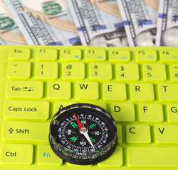 US Dollar bills green button key Vintage compass