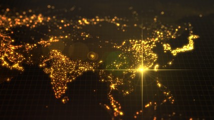 power of china, energy beam on Hong Kong. dark map with illuminated cities and human density areas. 3d illustration