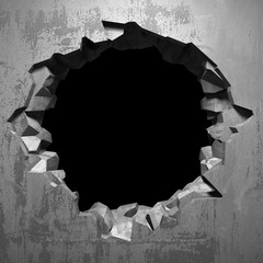 Dark cracked broken hole in concrete wall - obrazy, fototapety, plakaty