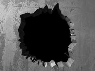 Dark cracked broken hole in concrete wall