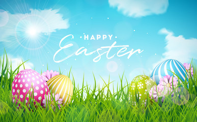 Happy Easter Holiday Illustration with Painted Egg and Flower on Nature Grass Background. Vector International Celebration Design with Typography for Greeting Card, Party Invitation or Promo Banner.