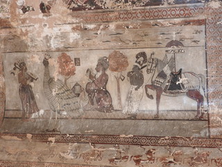 Exquisite ancient paintings on the walls in Jahangir Mahal in orcha, India, Madhya Pradesh