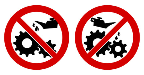 Do not lubricate / oil icon. Gear cogwheels with oilcan in red crossed circle, left and right version