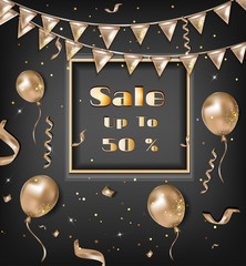 Black friday poster sale. Golden realistic balloons on the black background. Party design attributes, confetti, serpentine, sparkles,  flag garlands. Vector.
