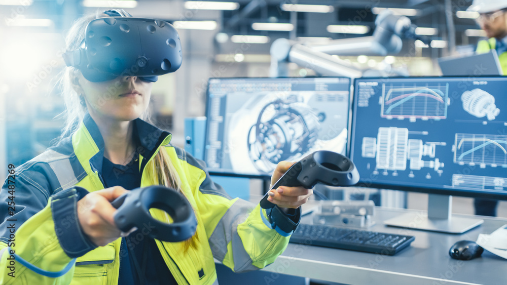 Poster factory: female industrial engineer wearing virtual reality headset and holding controllers, she use