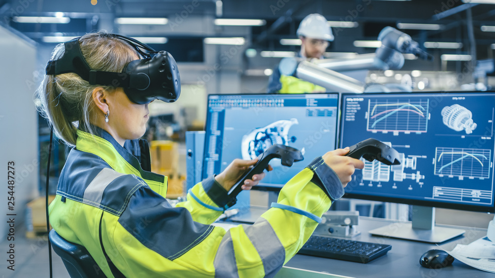 Poster Factory: Female Industrial Engineer Wearing Virtual Reality Headset and Holding Controllers, She Uses VR technology for Industrial Design, Development and Prototyping in CAD Software.