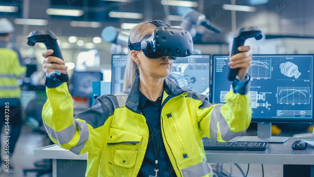 Poster Portrait Female Mechanical Engineer Wearing Virtual Reality Headset and Making Gestures with Controllers, She Uses VR technology for Industrial Design, Development and Prototyping in CAD Software. 