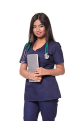 Portrait of young indian doctor woman with stethoscope around neck isolated on white background