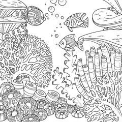 Underwater world with corals and fish outlined for coloring page on white background