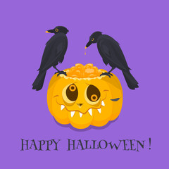 Obraz premium Happy Halloween. an orange pumpkin and two black crows.