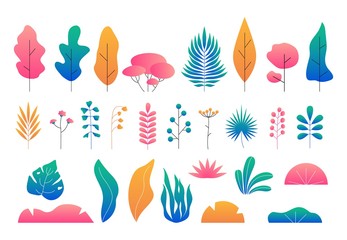 Set of flat minimal leaves, trees and bushes. Modern plants vector illustration isolated on white. Landscape element design
