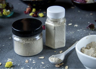 Natural Ayurvedic Herbal Powder Blend for Organic Body Care in Jars