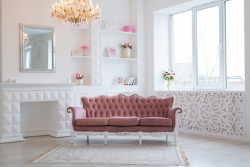 Luxury rich living room interior design with elegant classic furniture and wall decorations. Large...