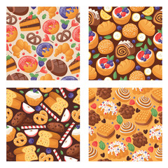 Pastry vector seamless pattern baked cake cream cupcake and sweet confection dessert with caked candies illustration backdrop confected donut with chococream and sweets background