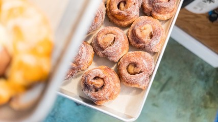Pastries on tray in bakery