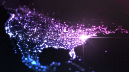 power of america, energy beam on washington. dark map with illuminated cities and human density areas. 3d illustration