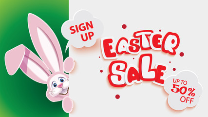 Easter sale web banner with pink Easter Bunny next to textual signboard,vector illustration of online shopping website
