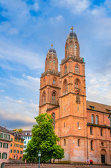 Fototapeta na wymiar Beautiful Grossmunster church in city center of Zurich, Switzerland
