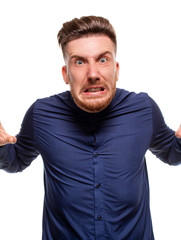 Attractive young man wearing blue shirt, isolated over a white background.