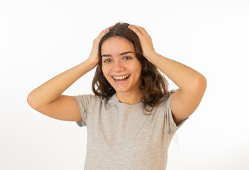 Human expressions and emotions. Portrait of young attractive girl smiling with surprised happy face