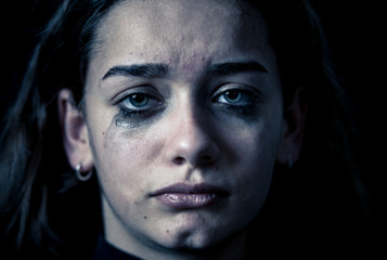 Portrait of sad, unhappy young girl crying. Helpless, depressed child. Stop bullying campaign - obrazy, fototapety, plakaty