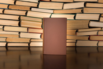 Book with blanc cover standing on the desk with background of book piles