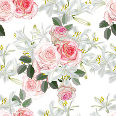 Flower seamless pattern with pink rose and agapanthus  vector illustration
