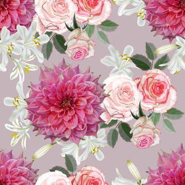 Flower seamless pattern with pink rose,dahlia and agapanthus  vector illustration
