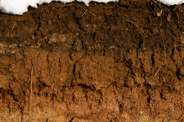 Soil cut-sandstone, stones, clay, sand structure and layers. slice of sand with layers of different...
